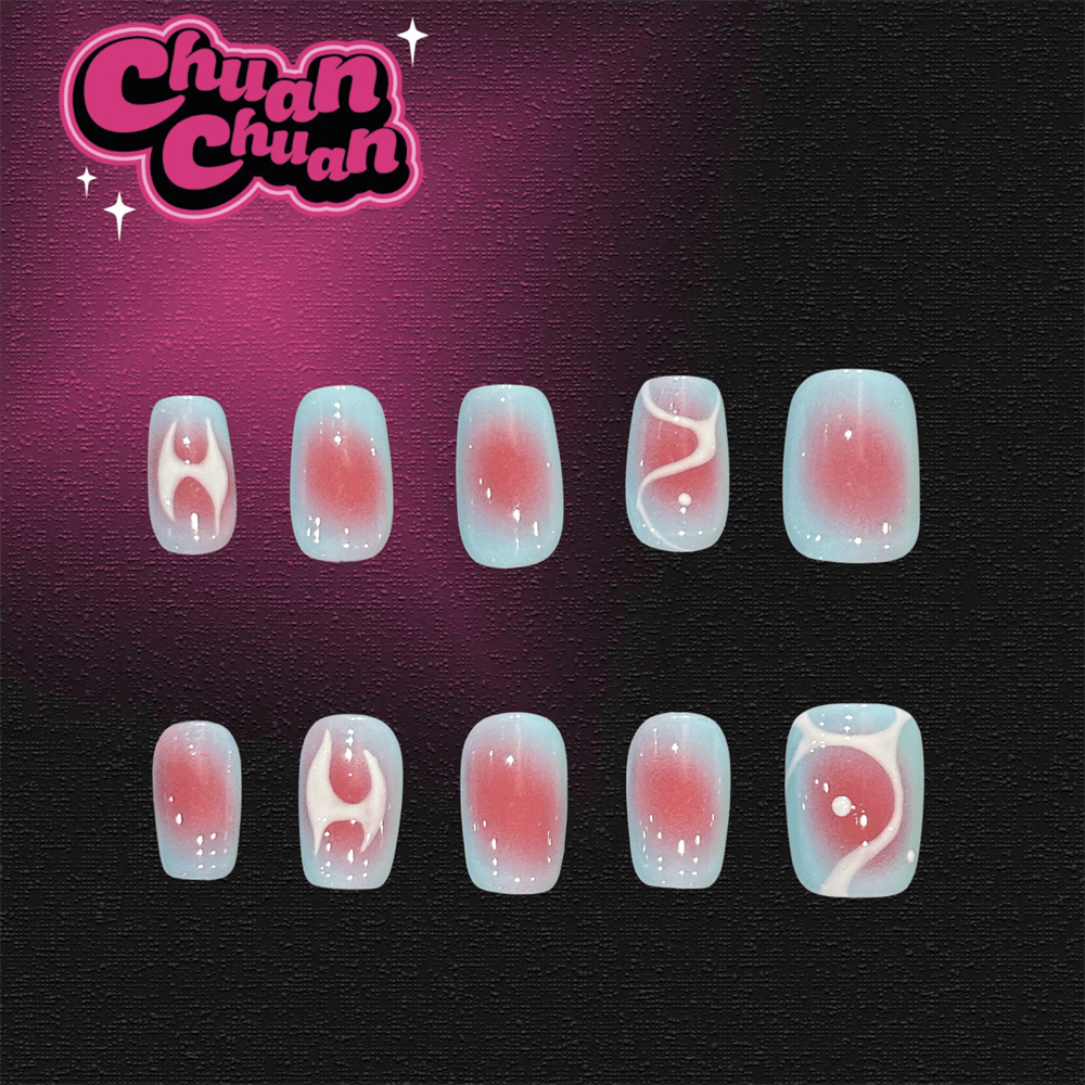 Short Squoval Blue Red Dreamland Press On Nails