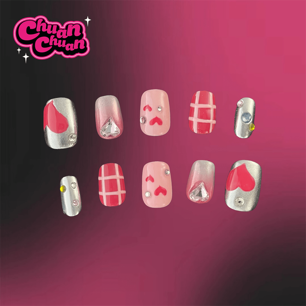 Squoval Strawberry press on nails wide thumb