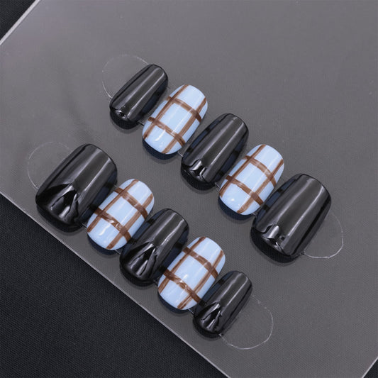 Short Squoval Plaid Black Press On Nails Black