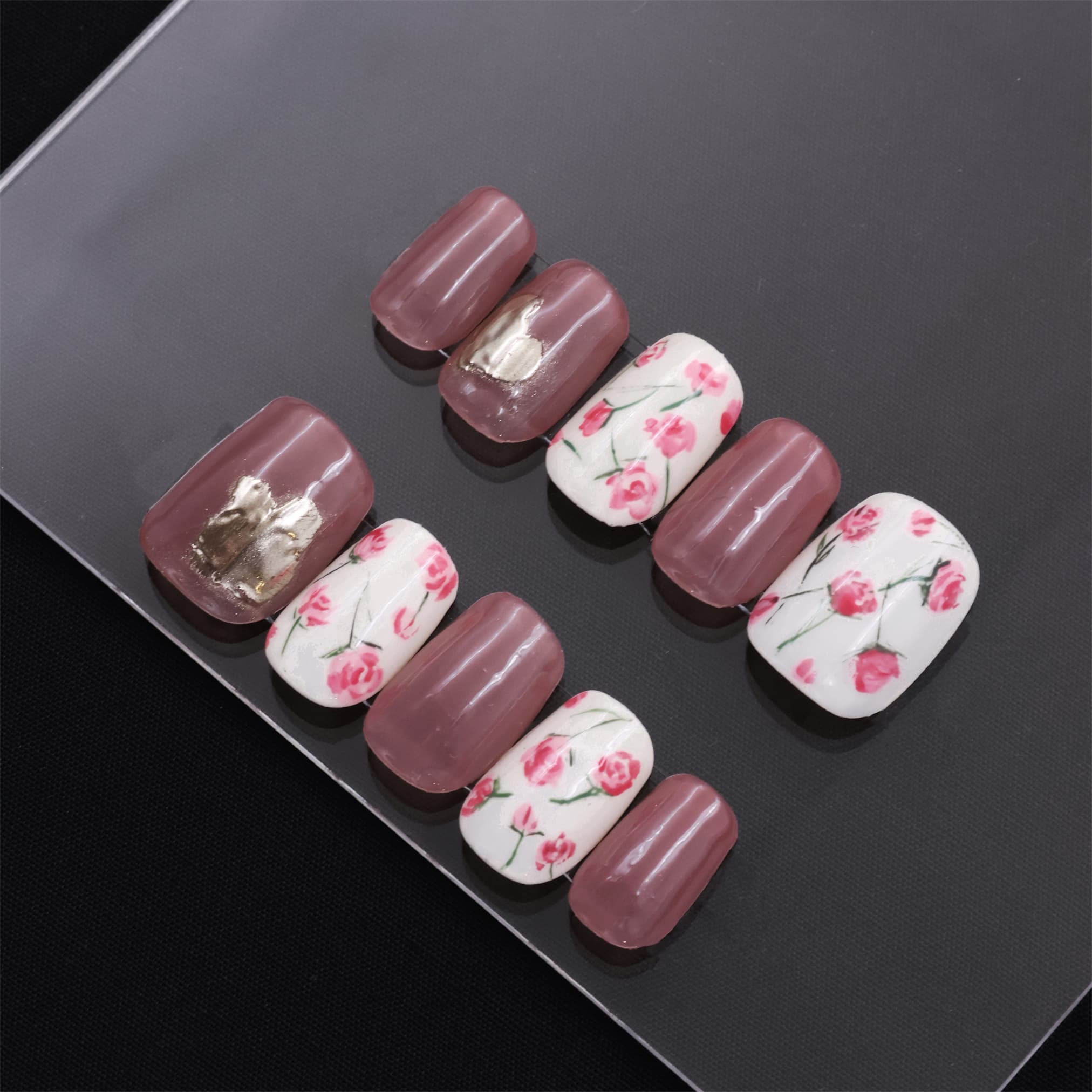 Short Squoval Pink Rose Press On Nails