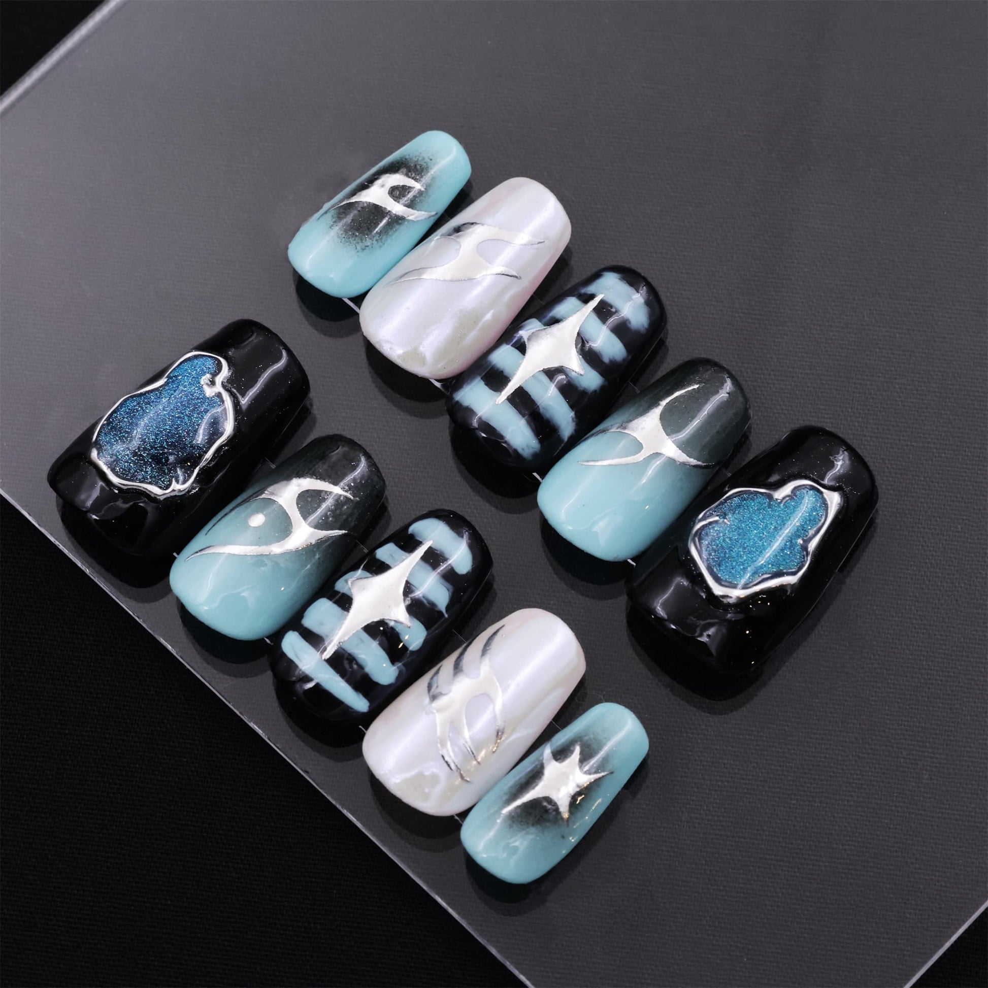 Medium Trapezoid Blue Black Sea World Press On Nails