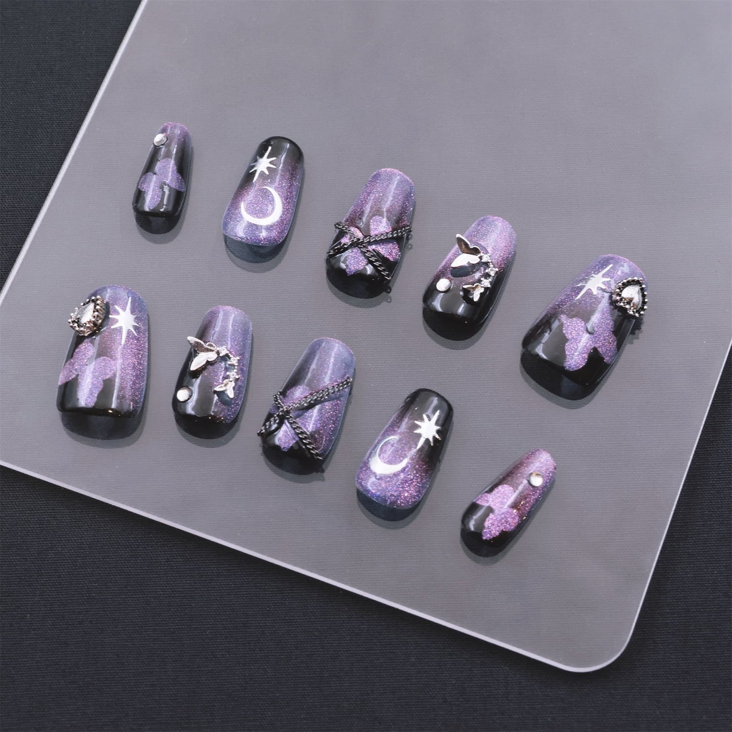 Short Coffin Purple Black Night Press On Nails