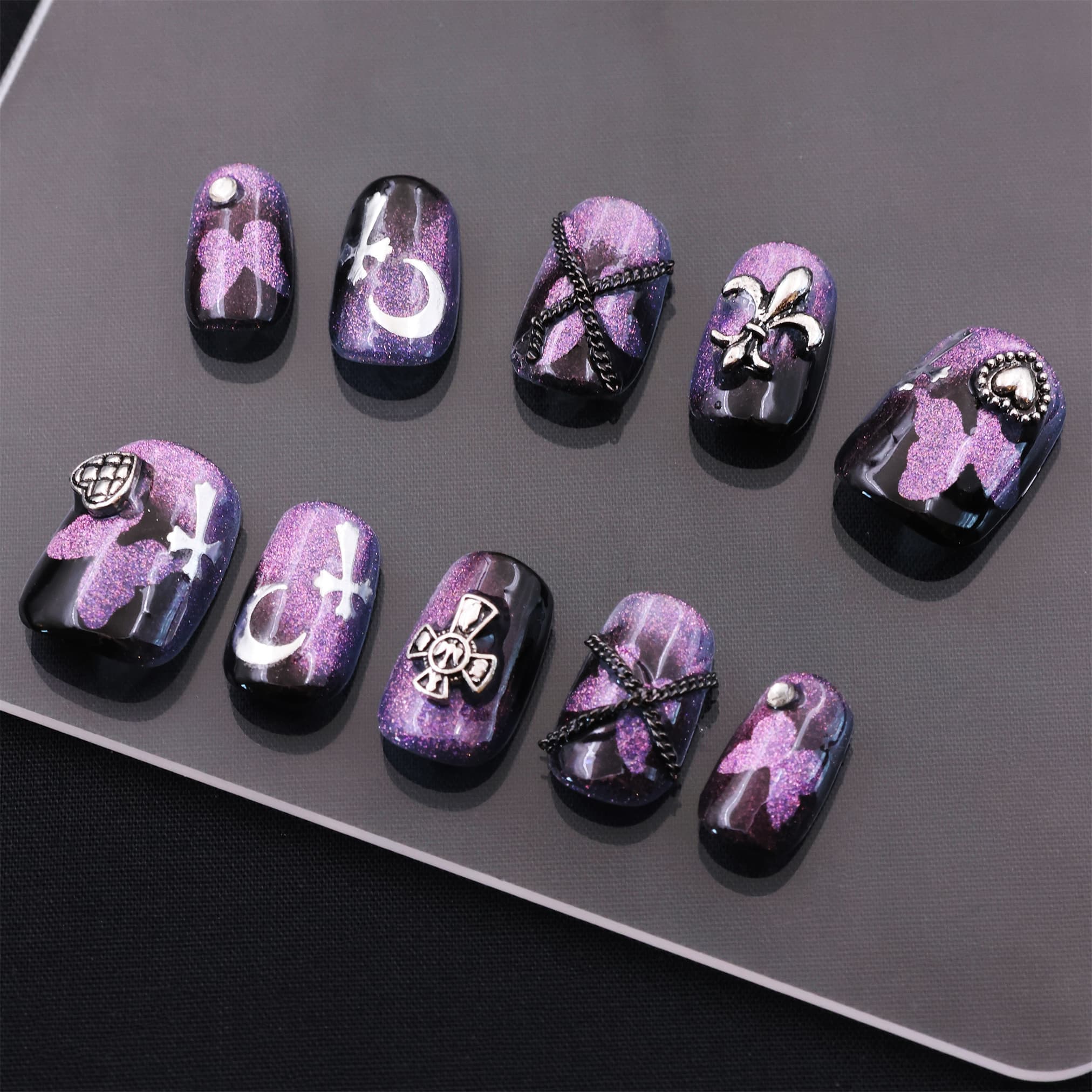 Short Squoval Purple Black Night Press On Nails