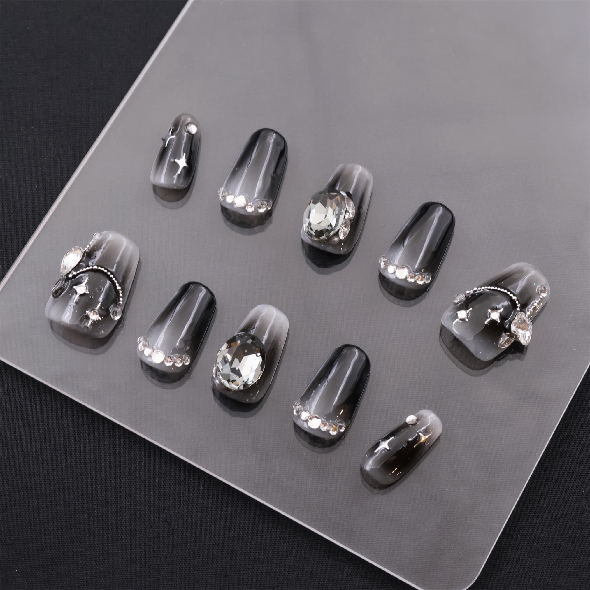 Short Coffin Black Luminous Gem Press On Nails