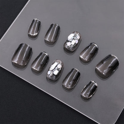 Short Squoval Black Luminous Gem Press On Nails