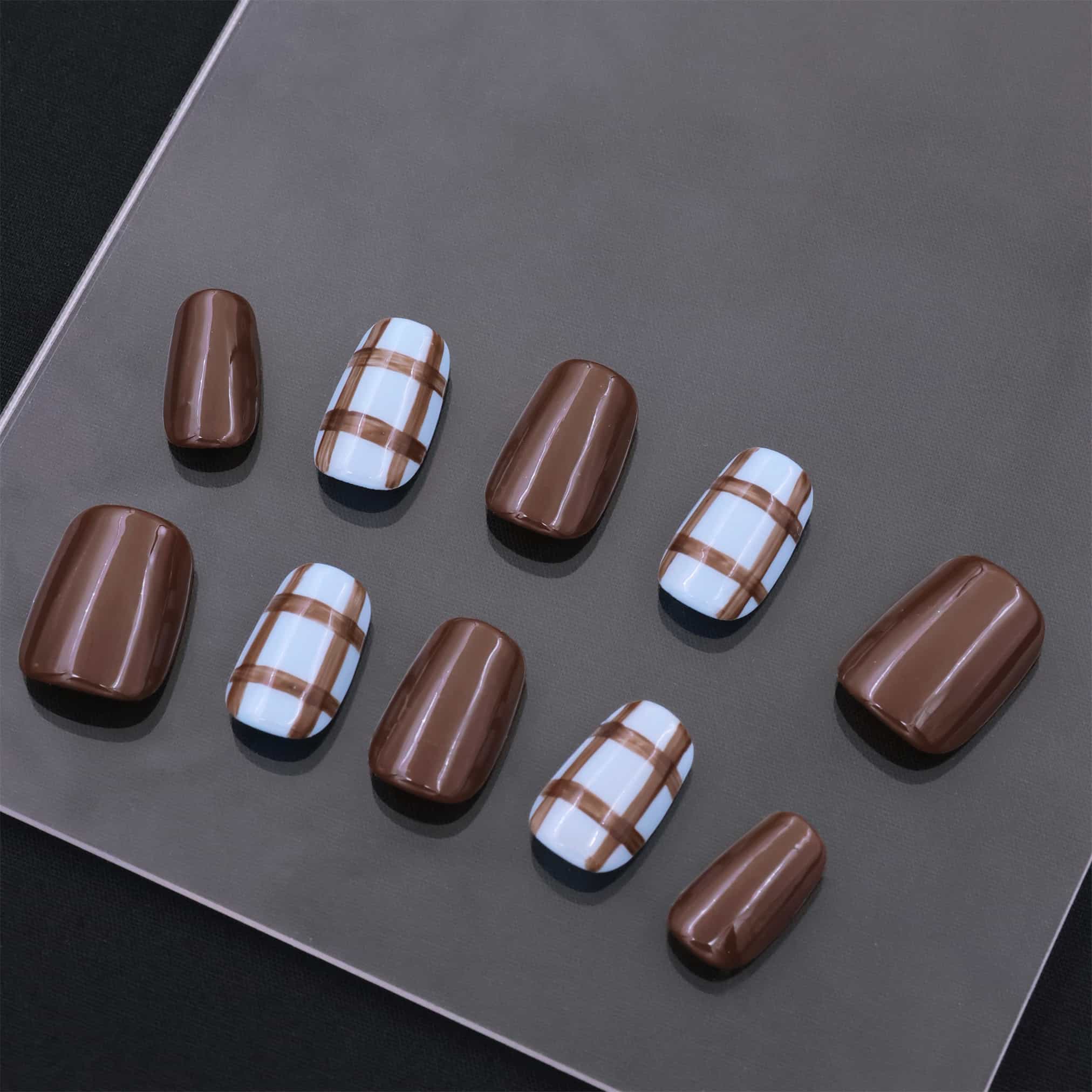 Short Squoval Brown Plaid Press On Nails