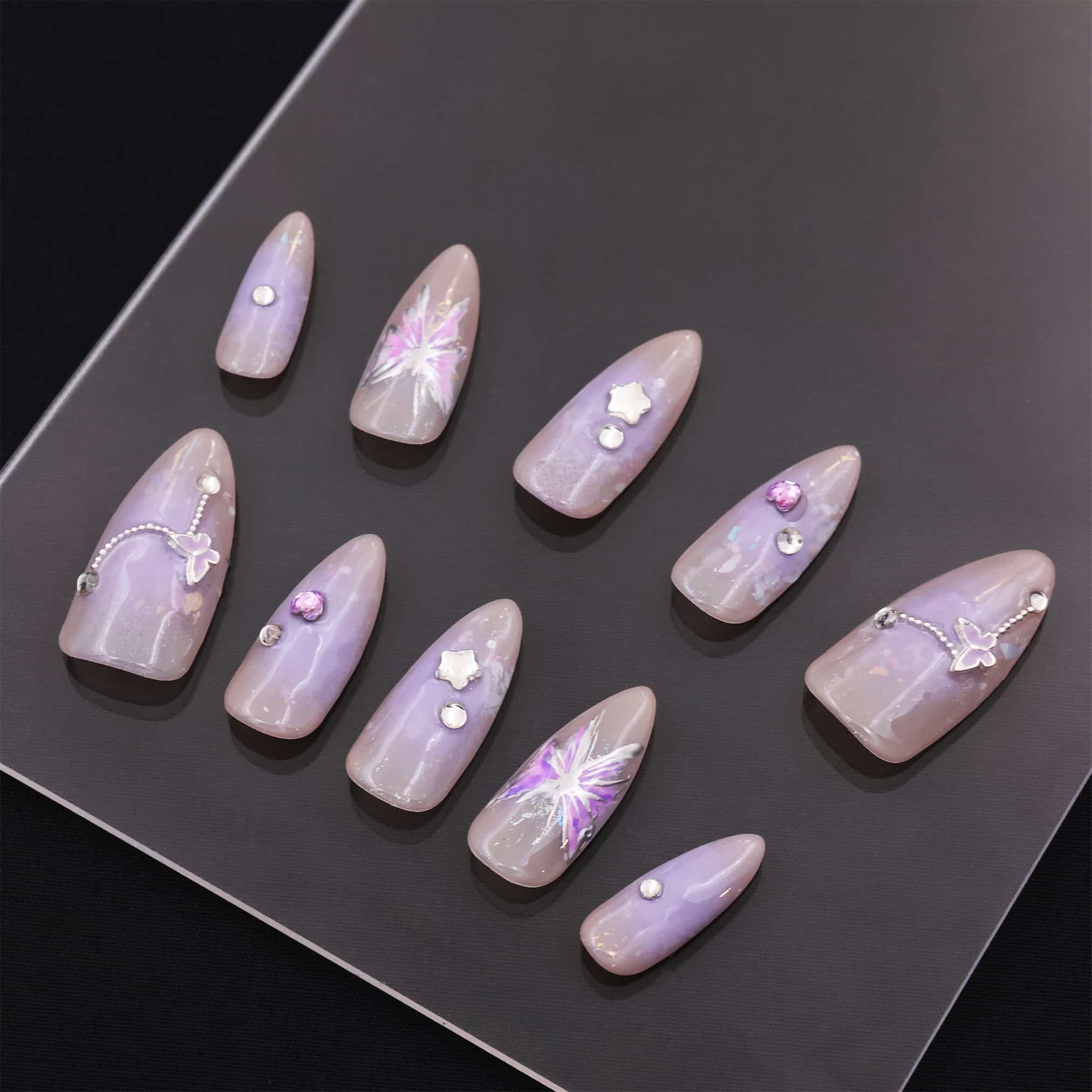 Medium Almond Purple Butterfly Press On Nails
