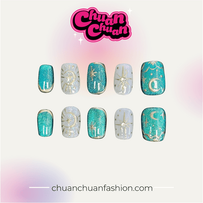 Short Squoval Blue Bohemia Press On Nails