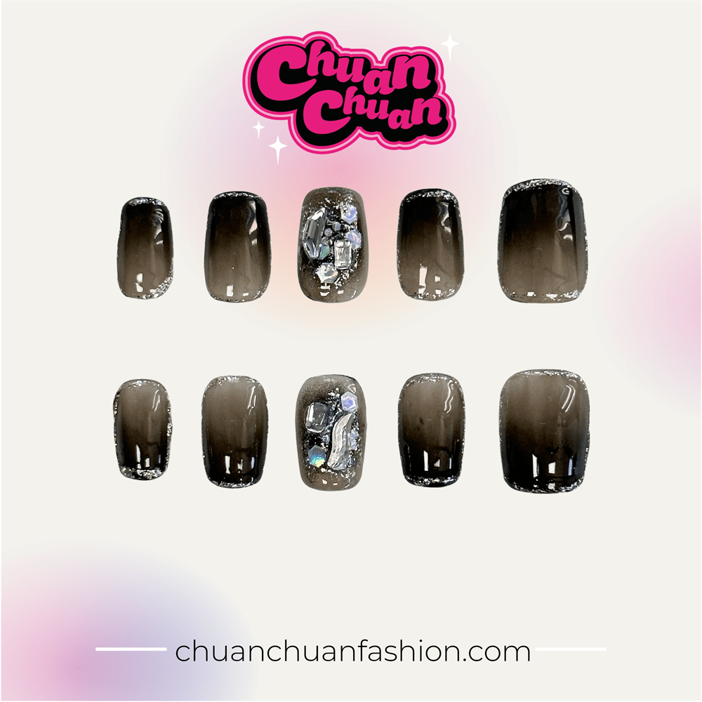 Short Squoval Black Luminous Gem Press On Nails