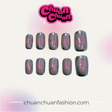 Medium Squoval Silver Pink Reflect Press On Nails