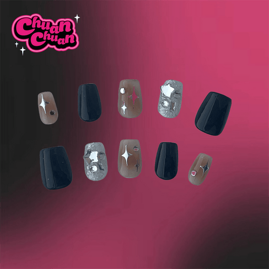 Short Squoval Black Mix Press On Nails