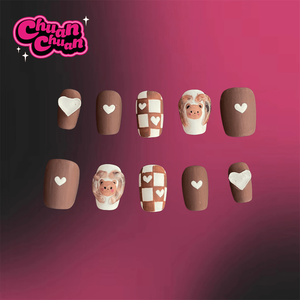 Short Squoval Coffee Bear Press On Nails